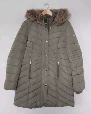 Centigrade Faux Down Coat UK Size Medium Khaki Removable Hood with Faux Fur Trim