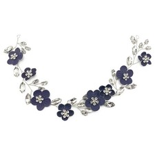 Bridal Dark Blue Flower Headpiece Wedding White Rhinestone Silver Vine Hair