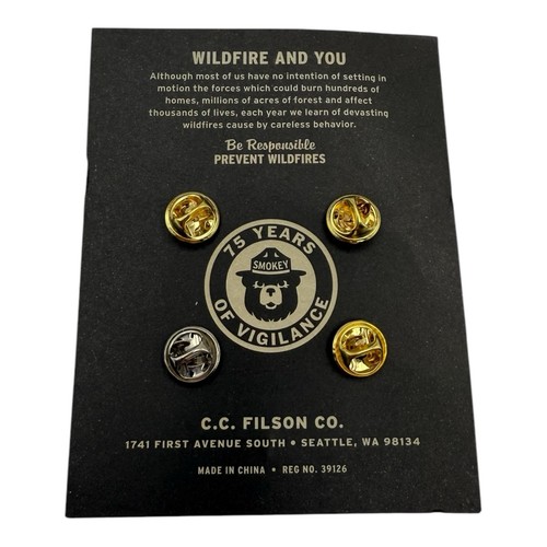 Filson Smokey Bear's 75th Anniversary Enamel 4 Pin Set Limited Edition NEW - Picture 2 of 4