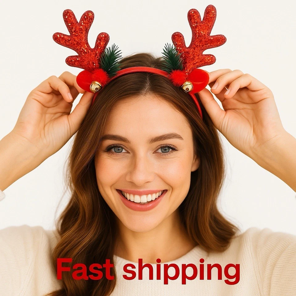 Red Glitter Reindeer Antler Christmas Headband Holiday Party Hair Accessory - Image 2 of 4