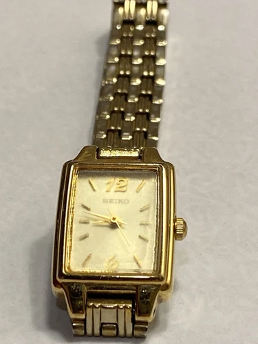 Vintage Seiko Watch Ladies Tank Style Gold Tone Gold Face Rectangle. Running.