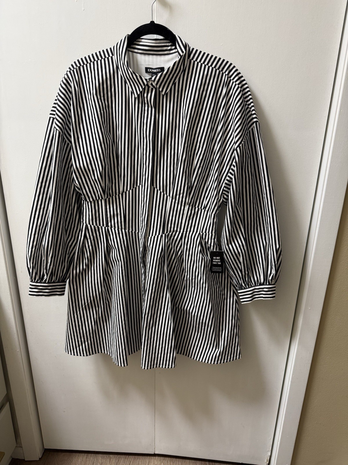 Express Black White Striped Shirt Dress Collared Long Sleeve Button Size L