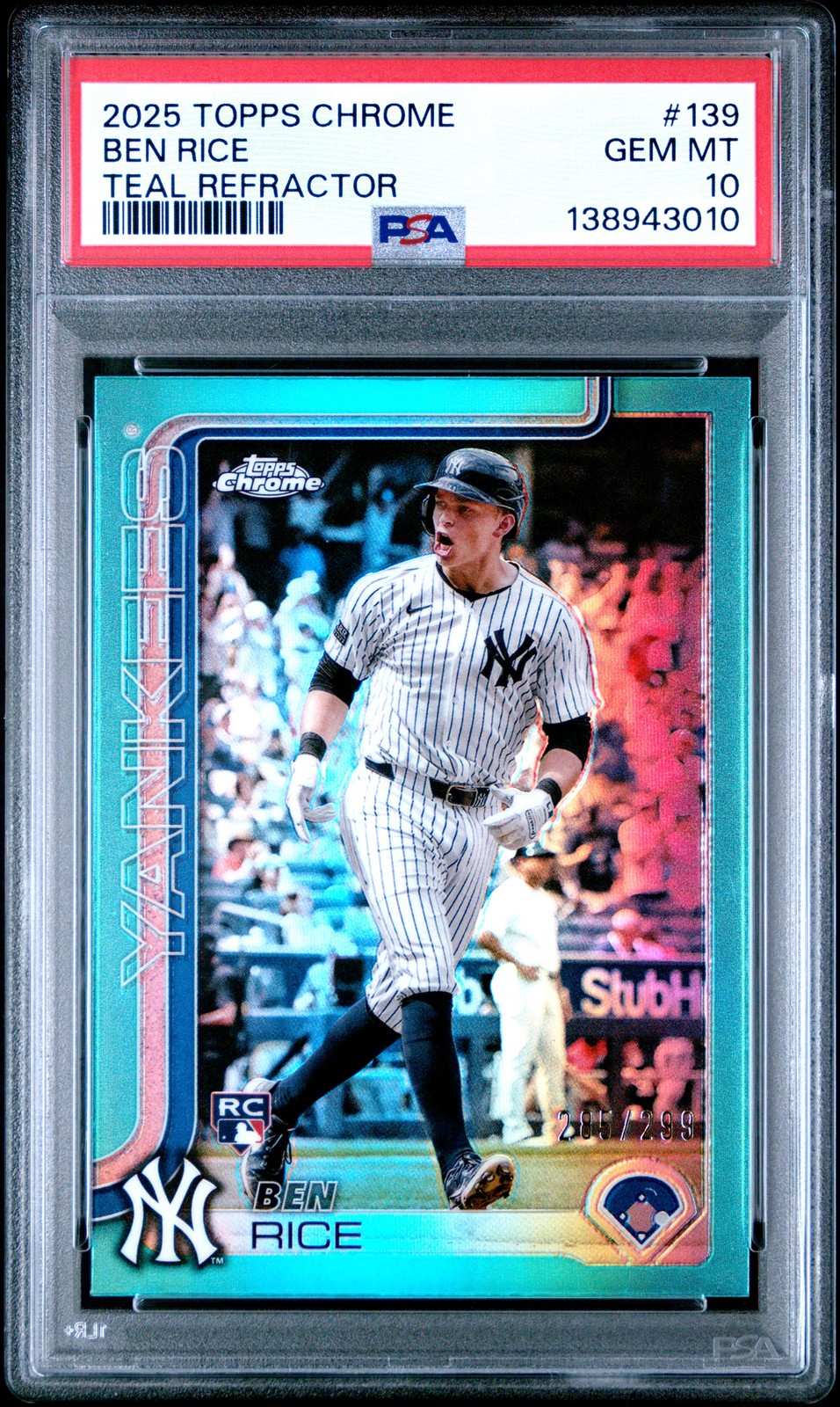 2025 TOPPS CHROME TEAL REFRACTOR #139 BEN RICE 285/299 PSA 10