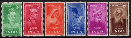 INDIEN 1952 HEILIGE & DICHTER SATZ, SG 337/342 POSTFRISCH NH, 1a TONFLECKKAT. 55£