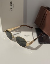 Celine CL40235U 30N Triomphe Metal Oval Sunglasses Gold Green Lens Ships Today