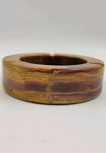 Natural Onyx Stone Vintage Cigarette Ashtray Chunky Round 5" 3 Slots Retro Brown - Picture 5 of 13