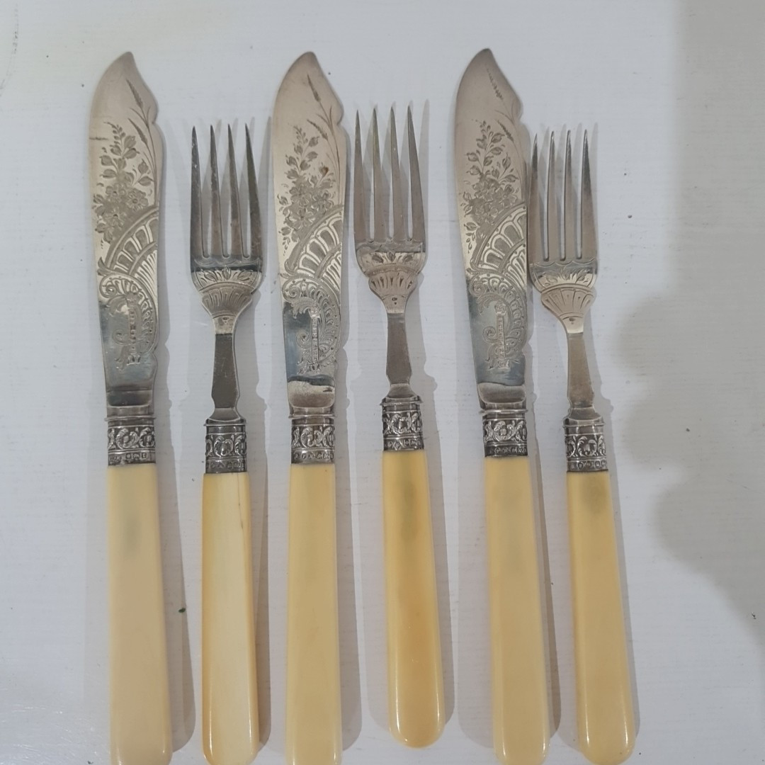 Service à Poisson Ancien En Argent – Diamond Gold Smiths Alexander Clark, Londres, Manche En Os
