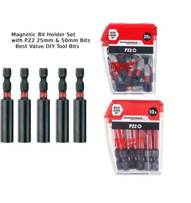 Milwaukee Bithalter-Set mit PZ2 25mm & 50mm Bits - 7-teiliges Heimwerker-Werkzeugset | S...