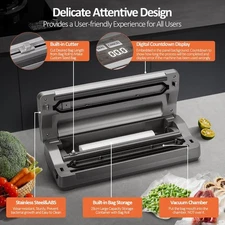 90kPa Vacuum Food Sealer, Digital Display, Cutter & Bag Storage