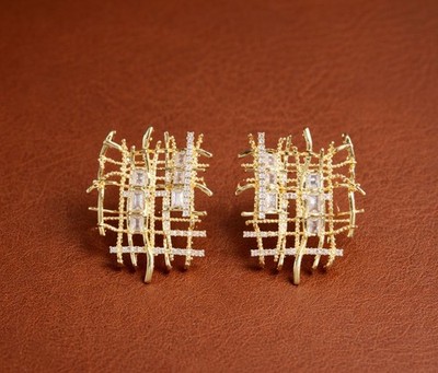 Anthropologie Gold Lattice CZ Crystal Earrings Wedding Statement Boho VTG Grid