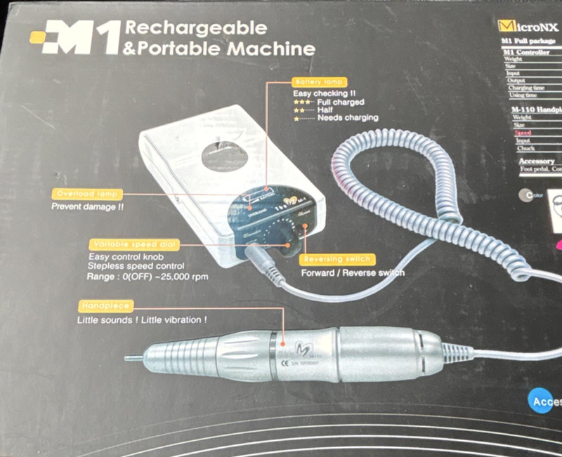 MicroNX M1-E Rechargeable Portable Nail File Drill w/ Foot Pedal, F/R