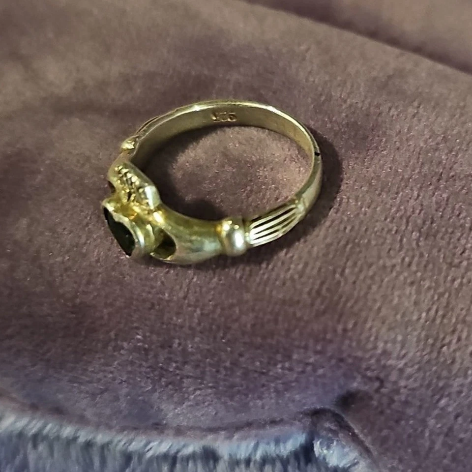 Sterling Silver 925 Cladagh Ring Green Heart Stone Size 5 Irish Love Symbol - Image 3 of 3