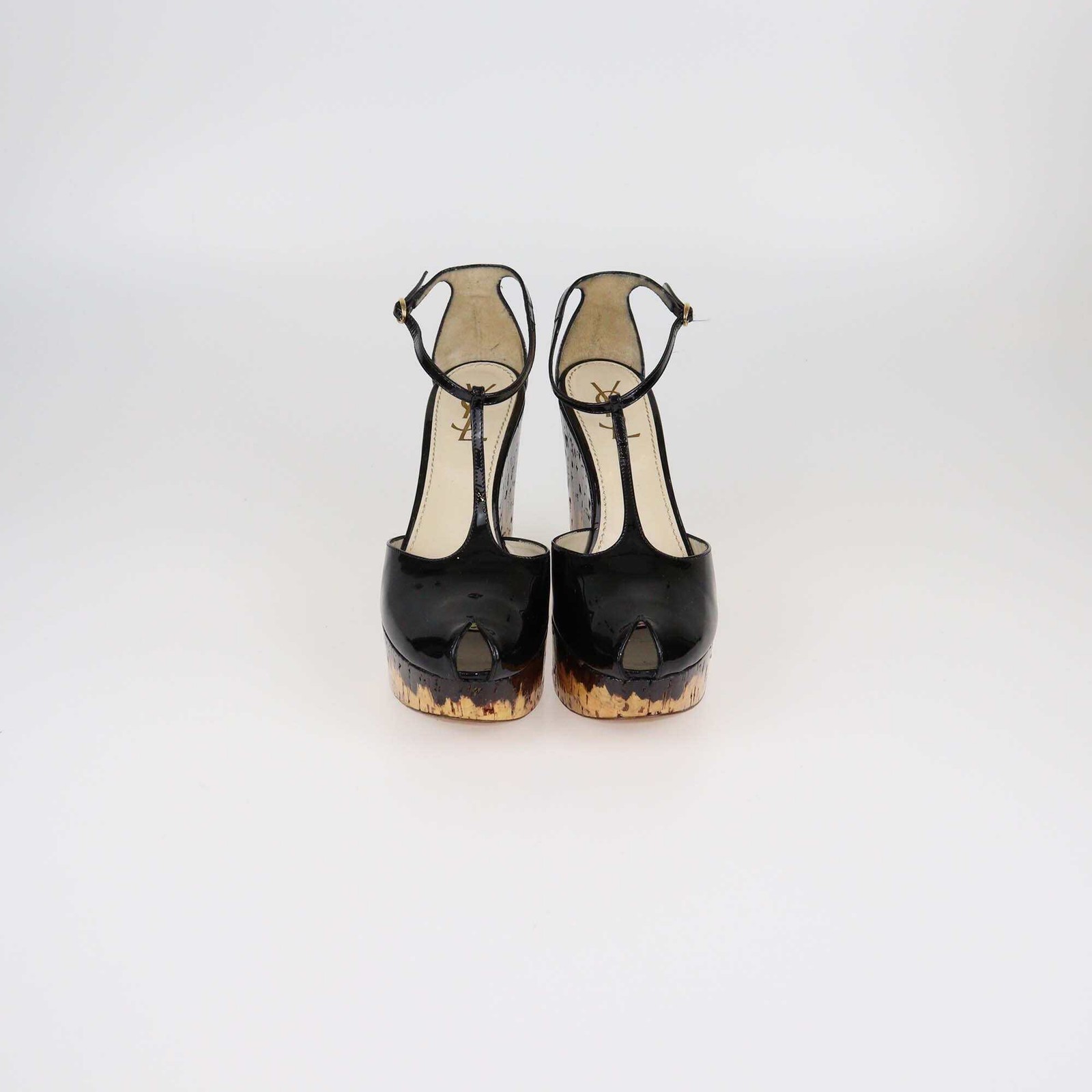 Sandali Yves Saint Laurent neri con zeppa in sughero e cinturino a T