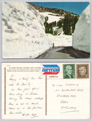 s25026 Snow Walls on Road Lassen Volcanic NP California US Postkarte 70er Jahre Stempel