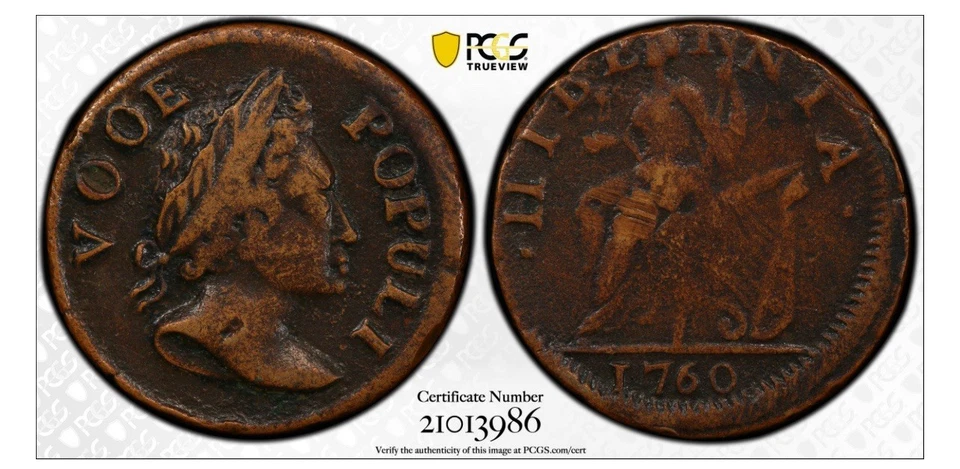 1760 Colonial copper  Voce Populi , no P half penny PCGS XF45 OGH Special Holder - Image 2 of 3