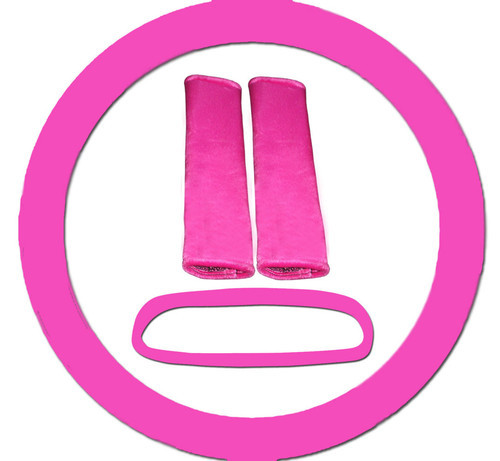 Hot Pink Steering Wheel Cover, 2 Seat Belt Covers & Rear View Mirror Cover - Picture 1 of 8