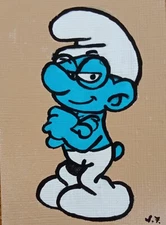 ACEO ORIGINAL ATC Brainy Smurf HAND PAINTED ACRYLIC SIGNED