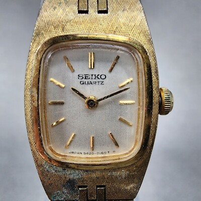 VTG Seiko Watch Women 17mm Silver Dial Gold Tone Rectangle 5420