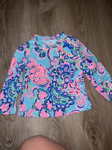D30-Lilly Pulitzer Girls Swim Top Size 4 Pink Blue Floral Longsleeve