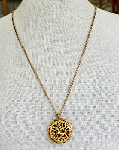 Vintage Corday Fame Golden Unicorm Fragrance Locket Necklace 30" Perfume Compact - Picture 3 of 14