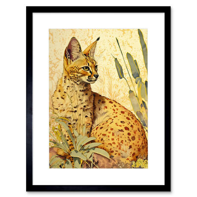 Serval Cat in Nature Bright Watercolour Framed Wall Art Print Picture 12X16