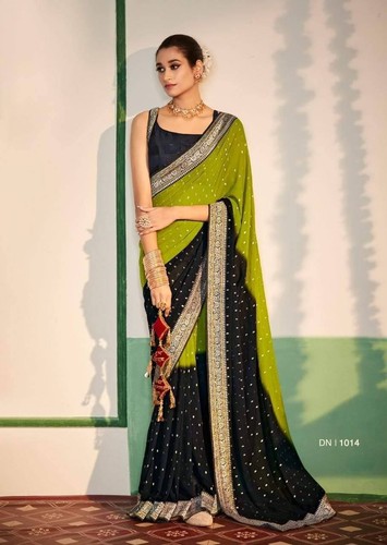 Diseñador indio Georgette Encaje Seda Borde Saris Amarillo Boda Fiesta Ropa Sari - Imagen 10 de 17