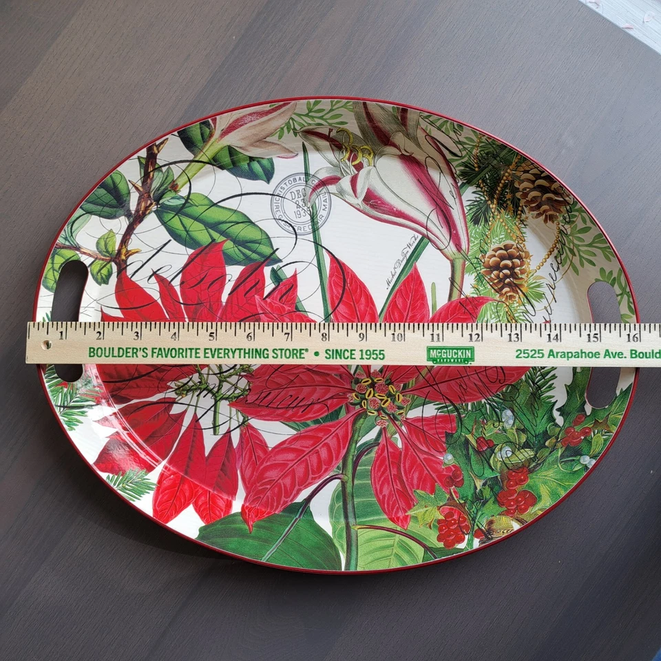 Michel Design Works Red Poinsetta Tray With Inset Handles Each End Metal 16" - Image 3 of 4