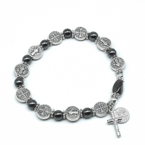 Heiliger Benedikt Medaillen Hämatit Perlen Stretch Rosenkranz Armband mit Kreuz Hänger - Bild 3 von 5
