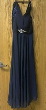 New Esovr V Neck Chiffon Long Formal Evening Gown Bridesmaid Prom Navy Sz 12