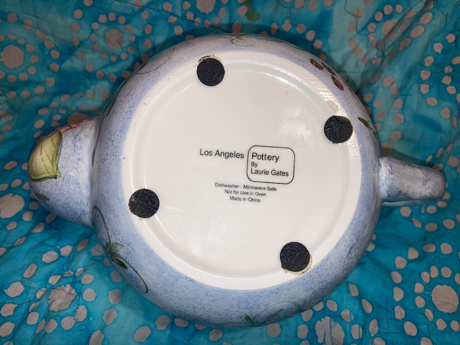 LA Pottery Laurie Gates BlueCeramic Teapot w/ Purple Pink Flowers Checkered Lid