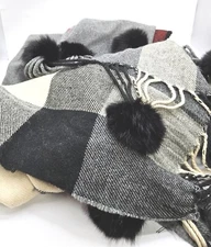 Amanda Blu & Co plaid Shawl/scarf with 100% Rabbit Poms