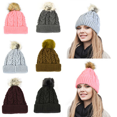Winter Beanie Bobble Hat Warm Fleece Liner Large Faux Fur Pom