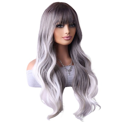 Womens Long Curly Wavy WIG With Bangs Hair Party Wigs Sleek Synthetic Cosplay - Picture 30 of 31