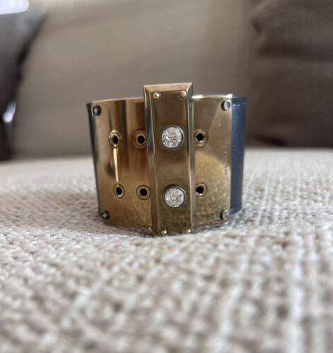 Bracelet brassard LANVIN cuir noir diamant ton or - Photo 1/12