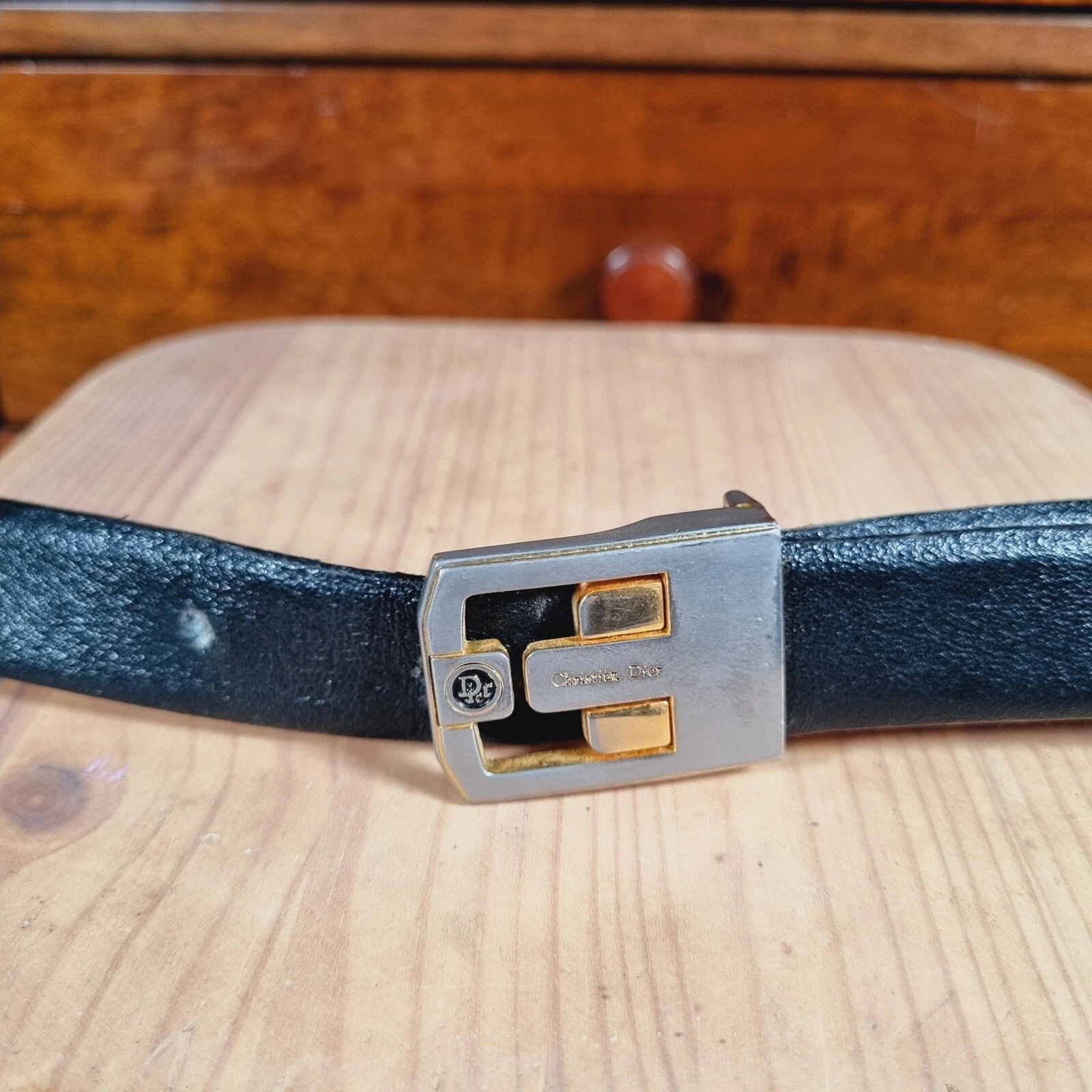 Ceinture homme vintage CHRISTIAN DIOR boucle dorée cuir noir marron taille L
