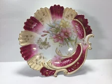 V97 Vintage Ornate Porcelain Serving Bowl Hand Painted Flowers Gold Scalloped