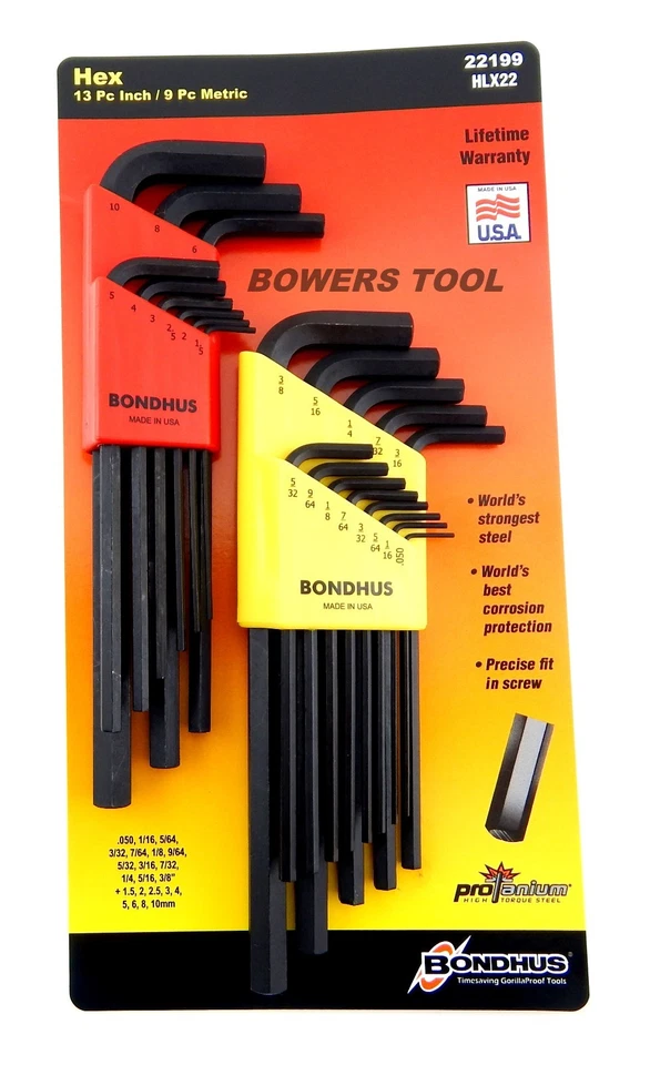 Bondhus 22pc Hex L Wrench Set Metric SAE Standard Inch MADE IN USA 22199 - Image 3 of 4