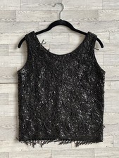 Vintage 60s Black Hand Beaded Fringed Sleeveless Tank Top Small Zip Closure