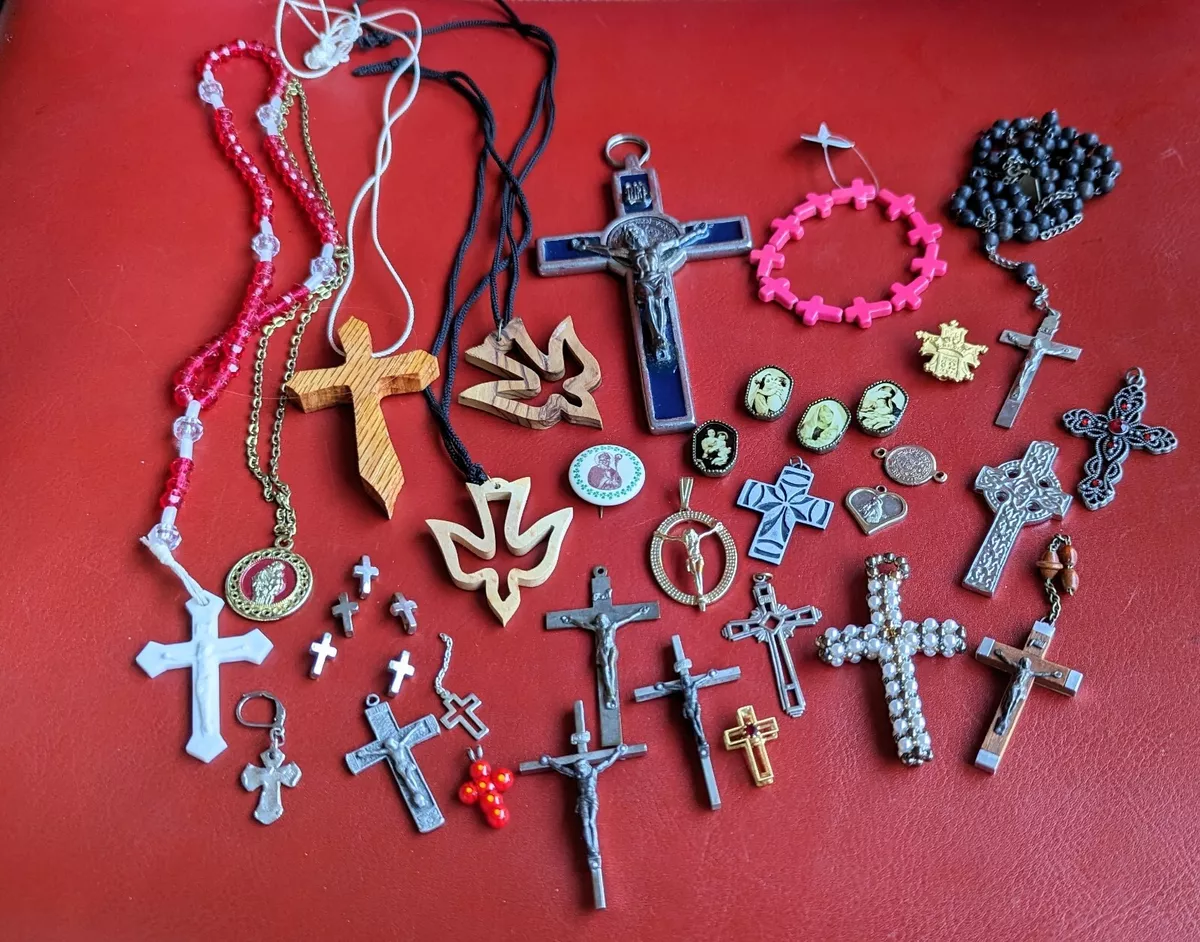 VTG Lot Parts Broken Rosary Saint Medal Bracelet Cross Crucifix