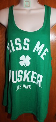 VICTORIA'S SECRET PINK Ladies' Small KNIT TANK TOP (Green; Kiss Me Husker) EUC