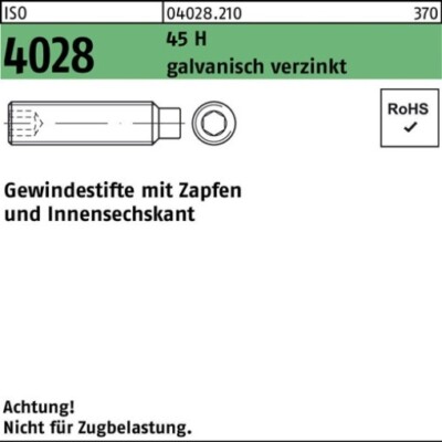 200er PACK(Stk) Gewindestift M 8 x 40 ISO 4028 Zapfen/Innensechskant 45 H galvan