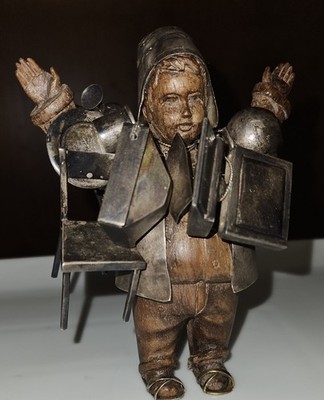 STERLING SILVER HAT,COAT & WARES(hallmarked)WOODEN PEDLER FIGURE (WALNUT)