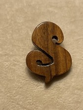 Wood Letter S Initial Pin / Brooch Lapel Pin Vintage