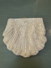 Ivory Vtg Clam Shell Retro Hand Beaded Clutch Purse Gold Flapper Style