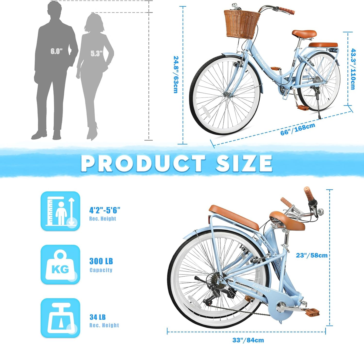 26 Inch Folding Beach Cruiser Bike for Women, 7-Speed Ladies Bike