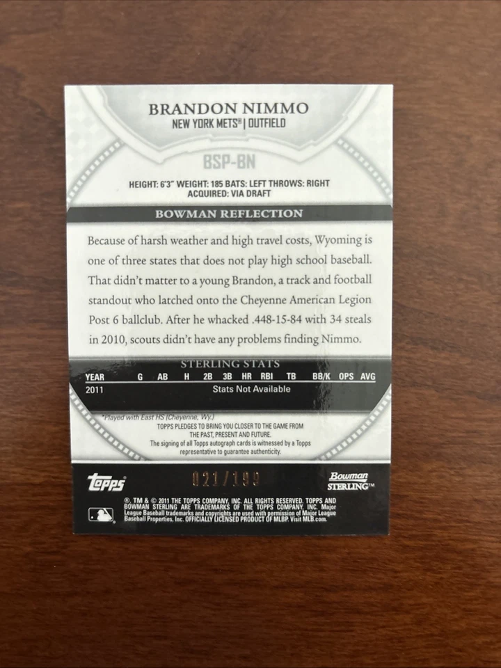 2011 Bowman Sterling Prospect REFRATOR/AUTOMÁTICO BSP-BN BRANDON NIMMO RC #D to199 - Imagem 2 de 2