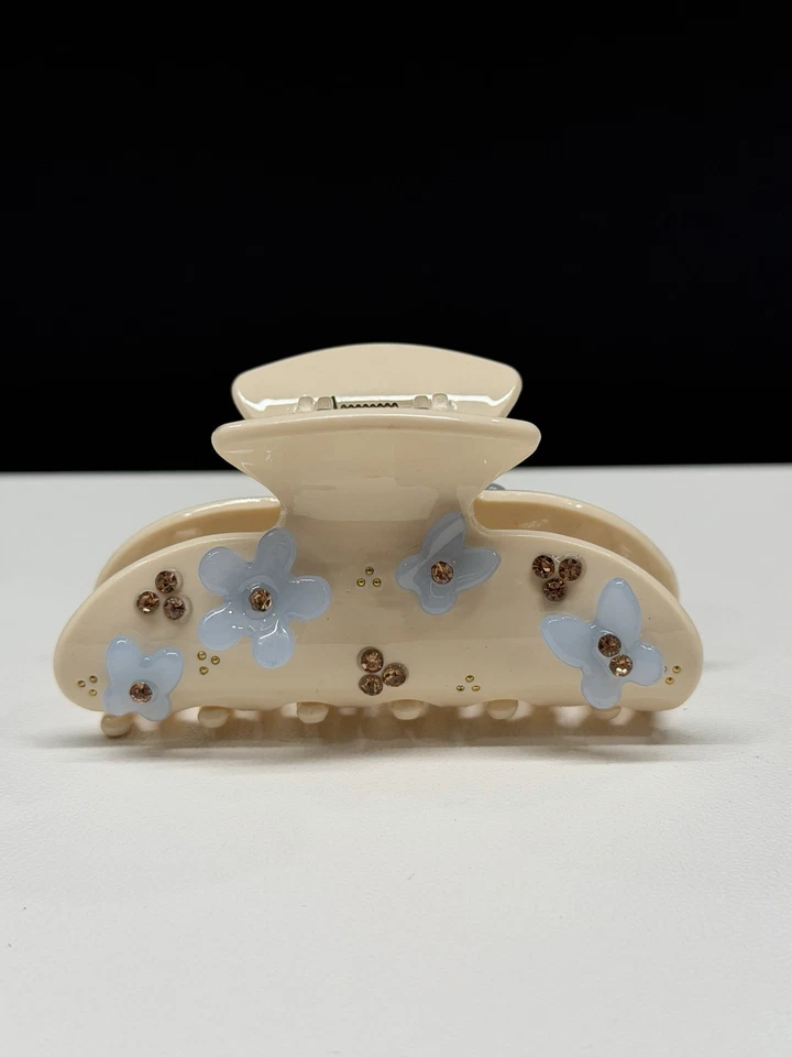 Beige Hair Claw Clip with Blue Flowers & Rhinestones – Cute Floral Acrylic - Image 3 of 3