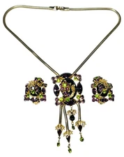 Vintage Alice Caviness Necklace Earrings Set Purple Green Rhinestone Unsigned