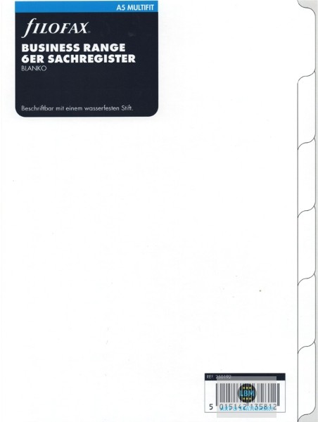 Filofax A5 size Blank Index (6-Part Plain Tab) White Divider Refill 250192