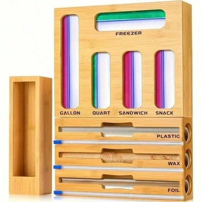 New 6 or 9 Grid Bamboo Drawer Organizer Foil Wrap Bag Dispenser Cutters